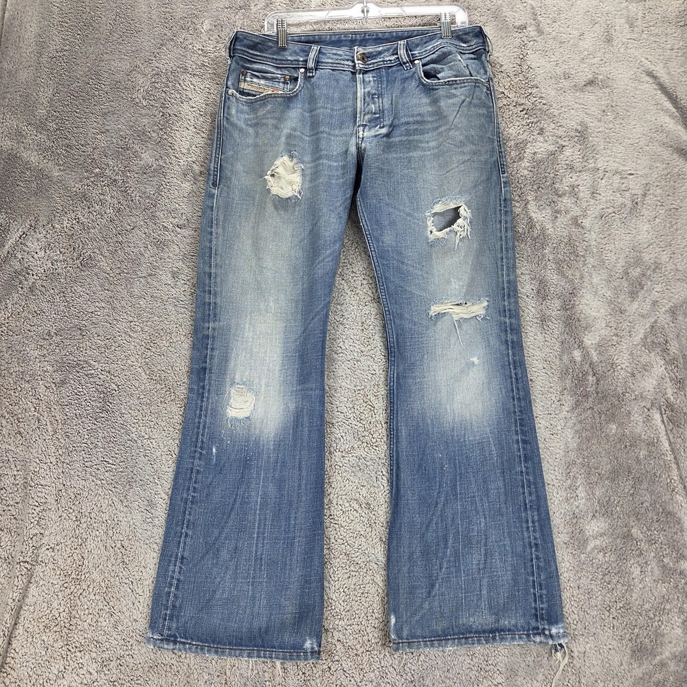 Diesel Jeans Mens 32x28 Blue Zaf Bootcut Distressed Button Fly Made Italy